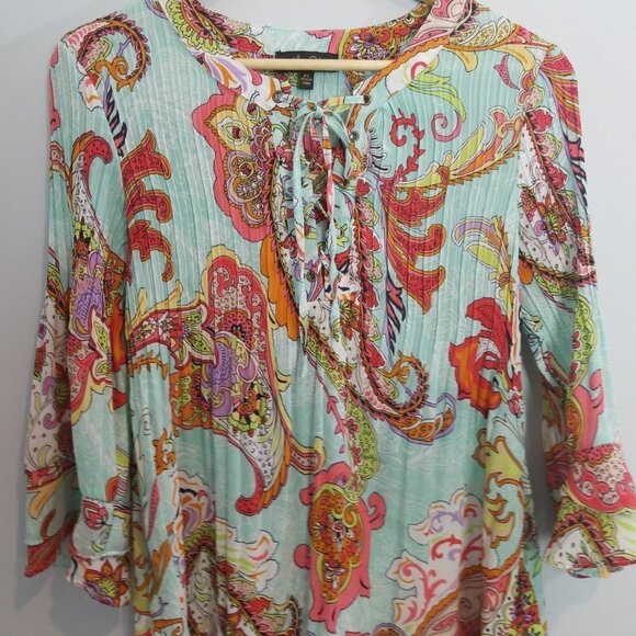 Melissa Paige Lace Up Bell Sleeve Pleated Paisley - Picture 2 of 11